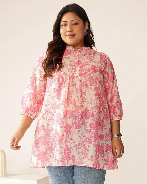 Janasya Women Plus Size Floral Printed Collar Neck A-Line Tunic