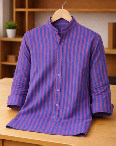 Buda Jeans Co Men Striped Regular Fit Mandarin-Collar Shirt