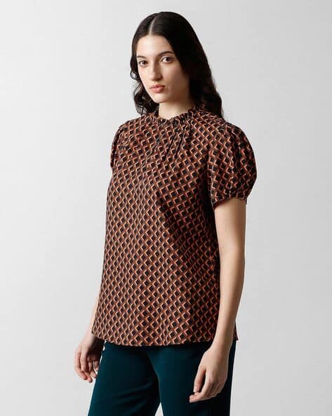 VAN HEUSEN Women Checked Round-Neck Regular Fit Top