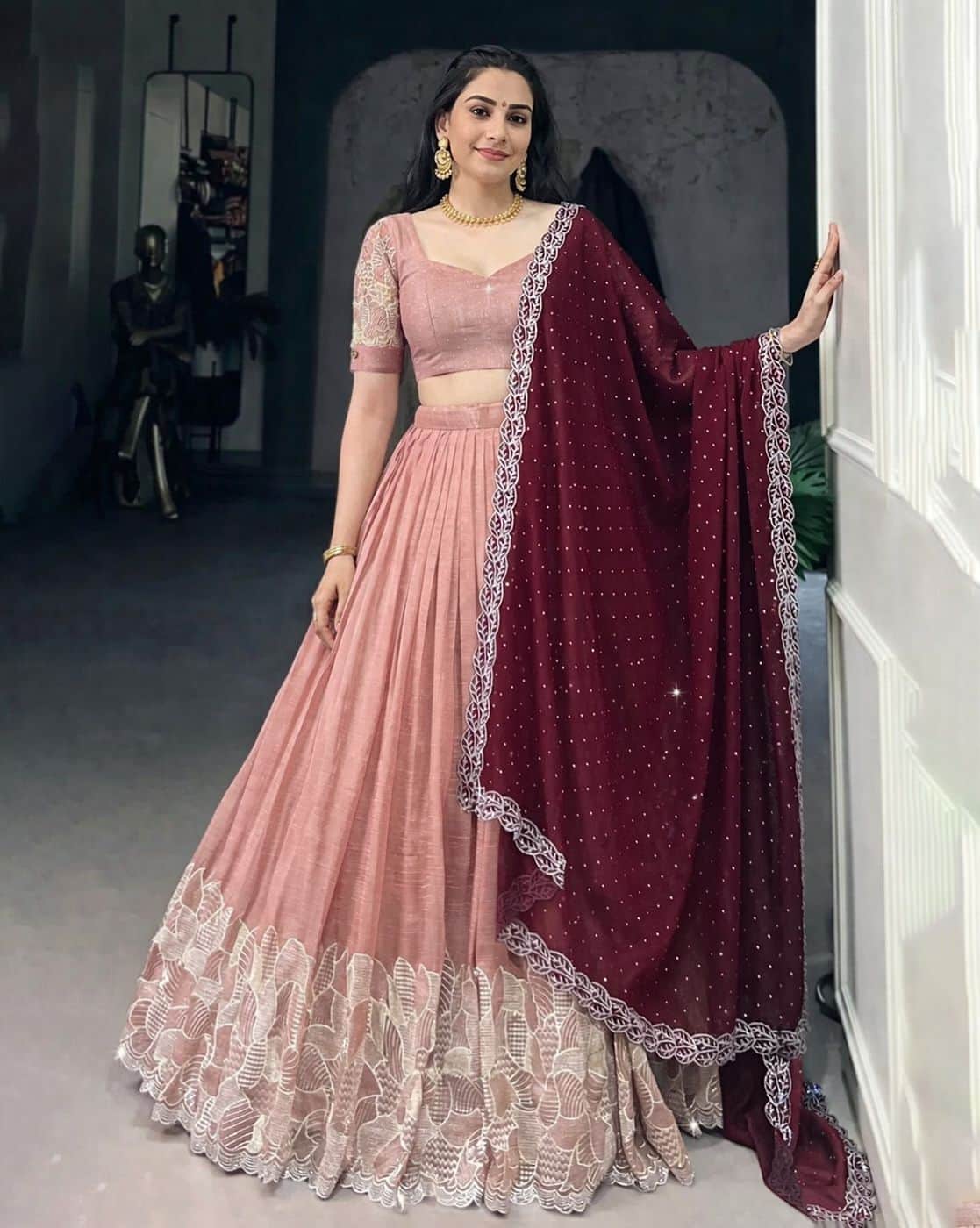 Nyrika Women Embroidered Flared Lehenga Choli Set with Dupatta For Women (Pink, FS)