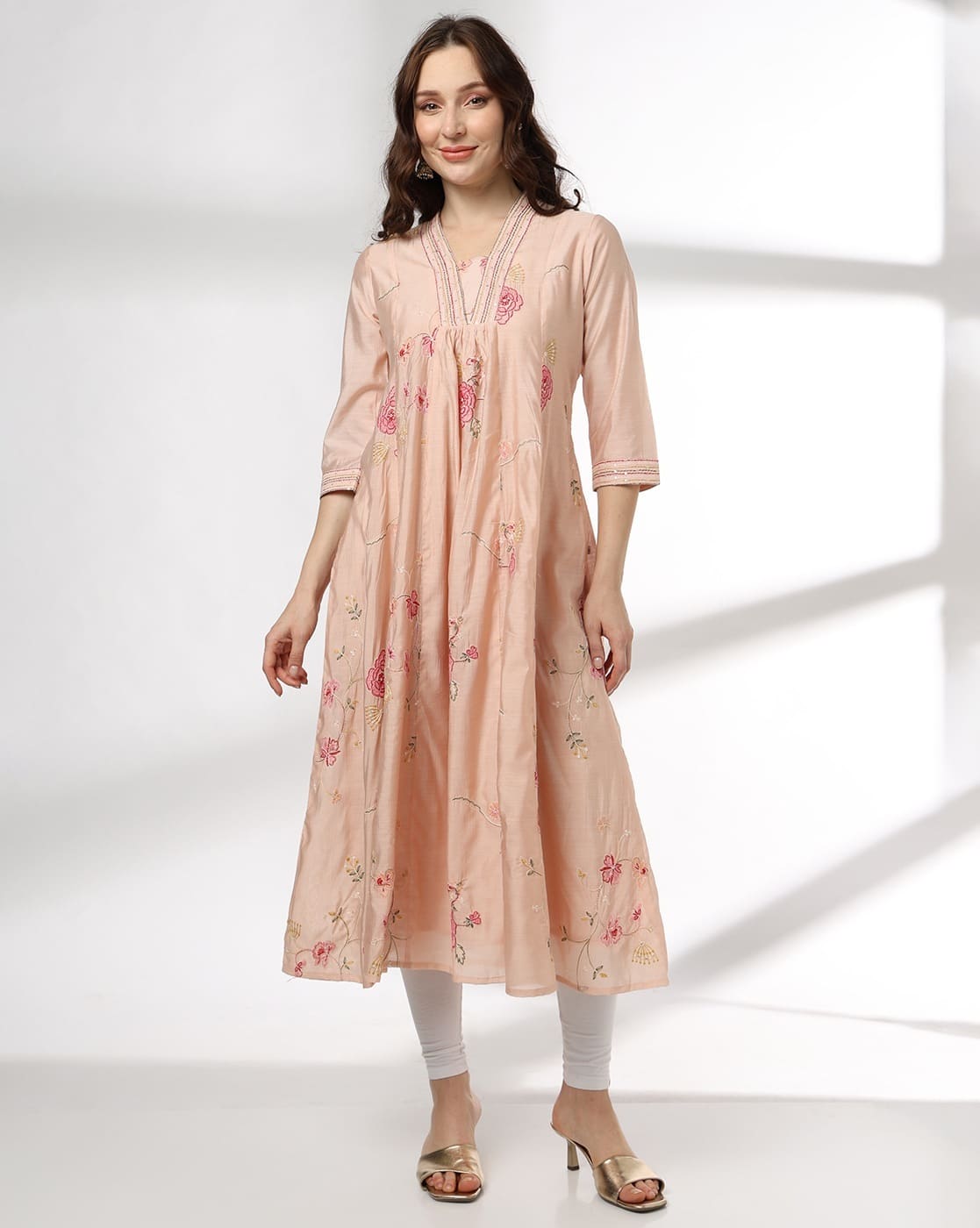 AVAASA MIX N' MATCH Women Embroidered Shawl-Collar Kurta For Women (Peach, XL)