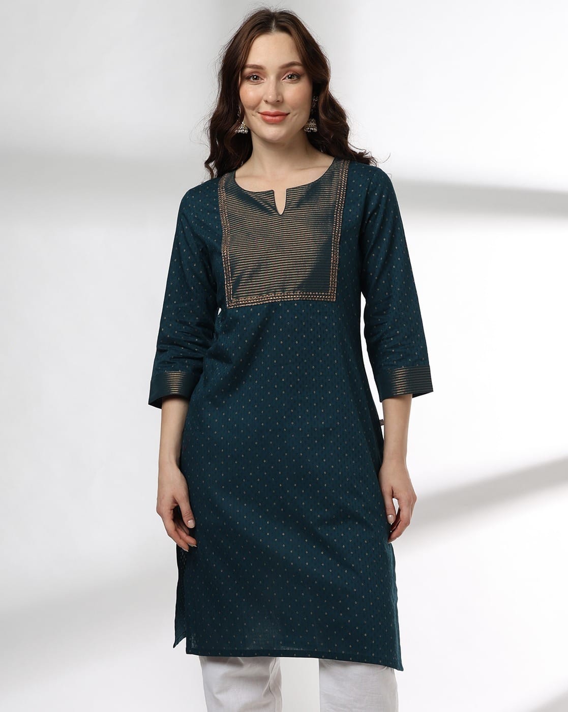 AVAASA MIX N' MATCH Women Jacquard Yoke Straight Kurta For Women (Indigo, L)