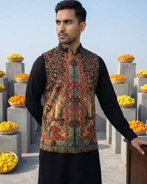 Printed Velvet Nehru Jacket-image-3