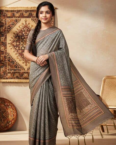 Nyrika Women Printed Saree with Tassels & Unstitched Blouse Piece