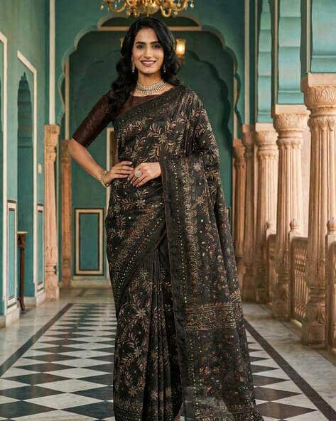 Nyrika Women Foil Print & Embellished Saree with Unstitched Blouse Piece