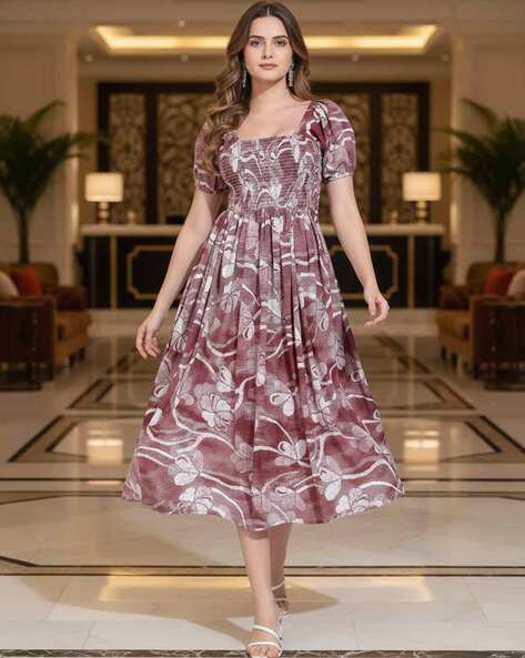 Revangi Women Floral Print Square-Neck Fit & Flare Dress