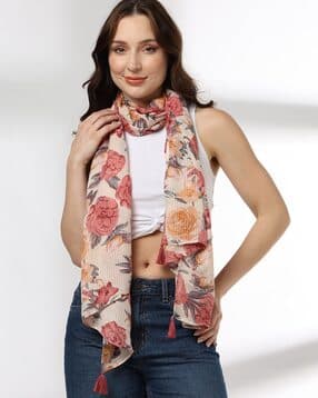 Women Floral Print Scarf with Tassels-image-30