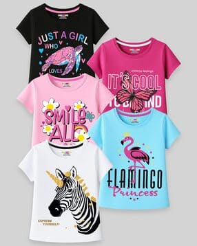 Girls Pack of 5 Printed Relaxed Fit Round-Neck T-Shirts-image-20