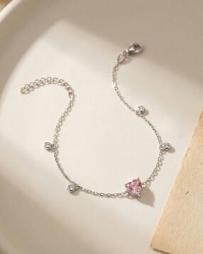 925 Silver Cubic Zirconia Pink Heart Bracelet-image-41