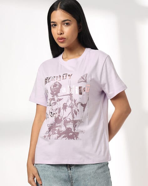 DNMX Women Beauty Print Oversized Crew-Neck T-Shirt