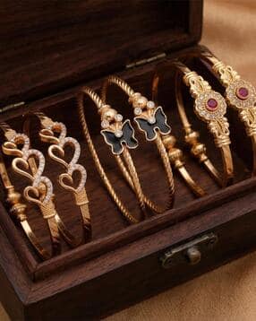 Gold-Toned American Diamond Heart and Butterfly Design Bangle Set-image-31