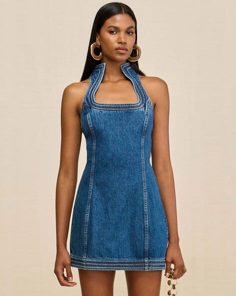blue velvet bardot long sleeve ruched bodycon dress Dawn 3D Fringe Mini Dress - Blue main image 0