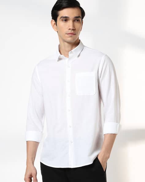 JOHN PLAYERS Men Slim Fit Cotton Linen Shirt with Patch Pocket deal from ajio