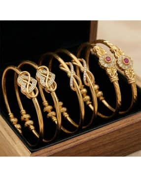 Gold-Toned American Diamond Heart and Butterfly Design Bangle Set-image-32