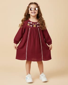 Girls A-Line Dress with Embroidered Yoke