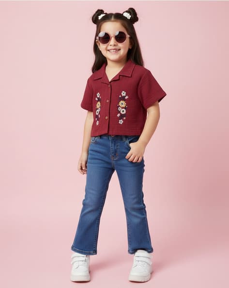YOUSTA Girls Embroidered Flared Fit Resort Shirt