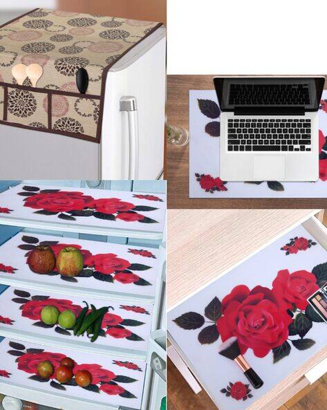 CROSMO Set of 5 Floral Print Fridge Top Cover with Waterproof Mats