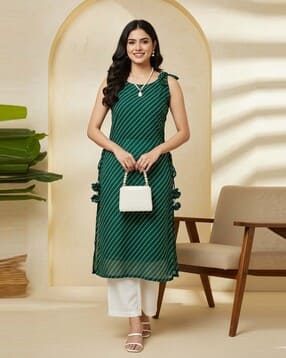 nyrika Women Leheriya Print Straight Kurti with Tie-Up Sleeves-picture-24