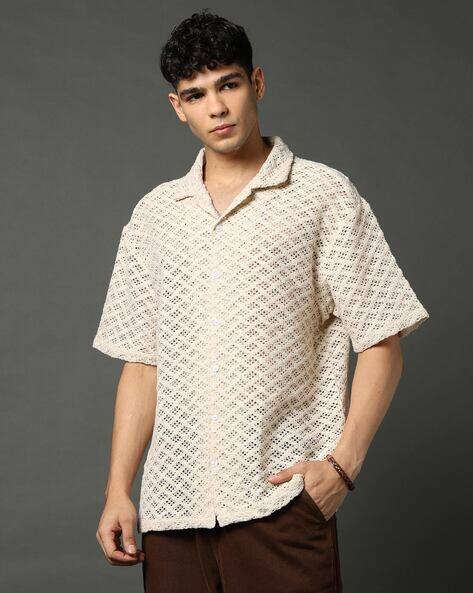 Alpha Tribe Men Pointelle-Knit Relaxed Fit Cotton Shirt
