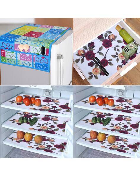 CROSMO Set of 7 Floral Print Fridge Top Cover with Waterproof Mats