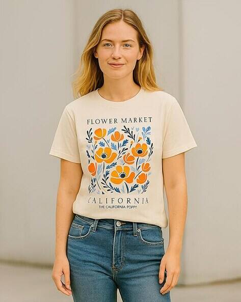 POSHAX Women Floral Print Regular Fit Crew-Neck T-Shirt