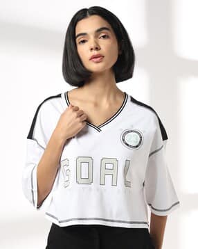teamspirit Women Typographic Print V-Neck Boxy Fit T-Shirt-picture-18