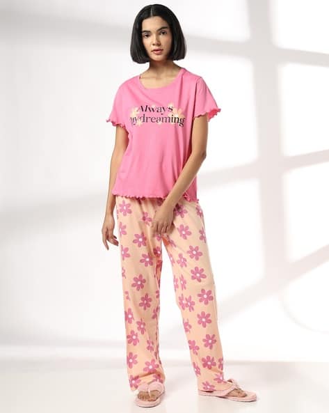 RIO Women Typographic Print T-Shirt and Pyjamas Set