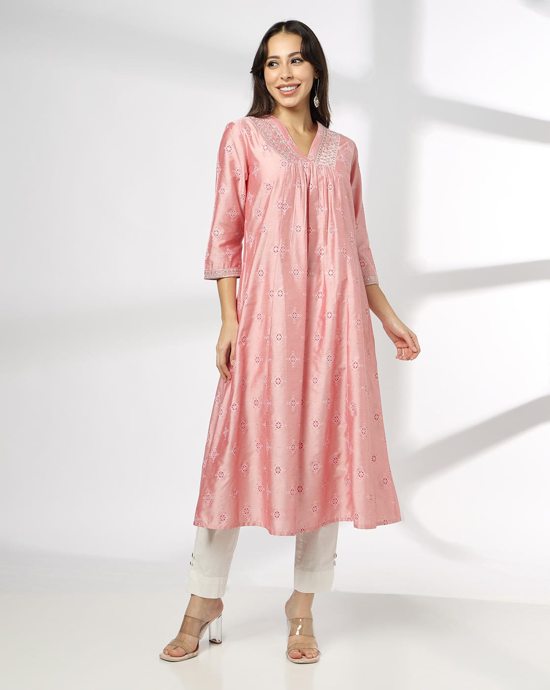 AVAASA MIX N' MATCH Women Printed A-Line Kurta For Women (Pink, M)