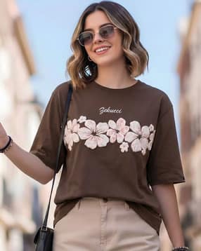 xqsee Women Floral Print Oversized Round-Neck T-Shirt-picture-35