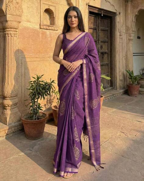Indie Picks Woven Linen Silk Printed Designer Saree