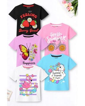 Girls Pack of 5 Printed Round-Neck T-Shirt-image-23