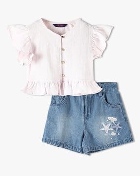 kg frendz Girls Patterned Top & Denim Shorts Set-picture-15