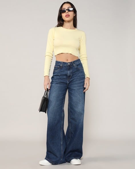 Women Mid-Wash Wide-Leg Jeans