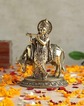 habere india Krishna Ji Brass Idol with Cow-picture-23