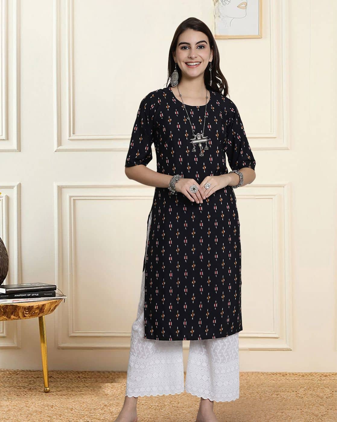 Popmantra Women Printed Straight Kurta For Women (Black, S)