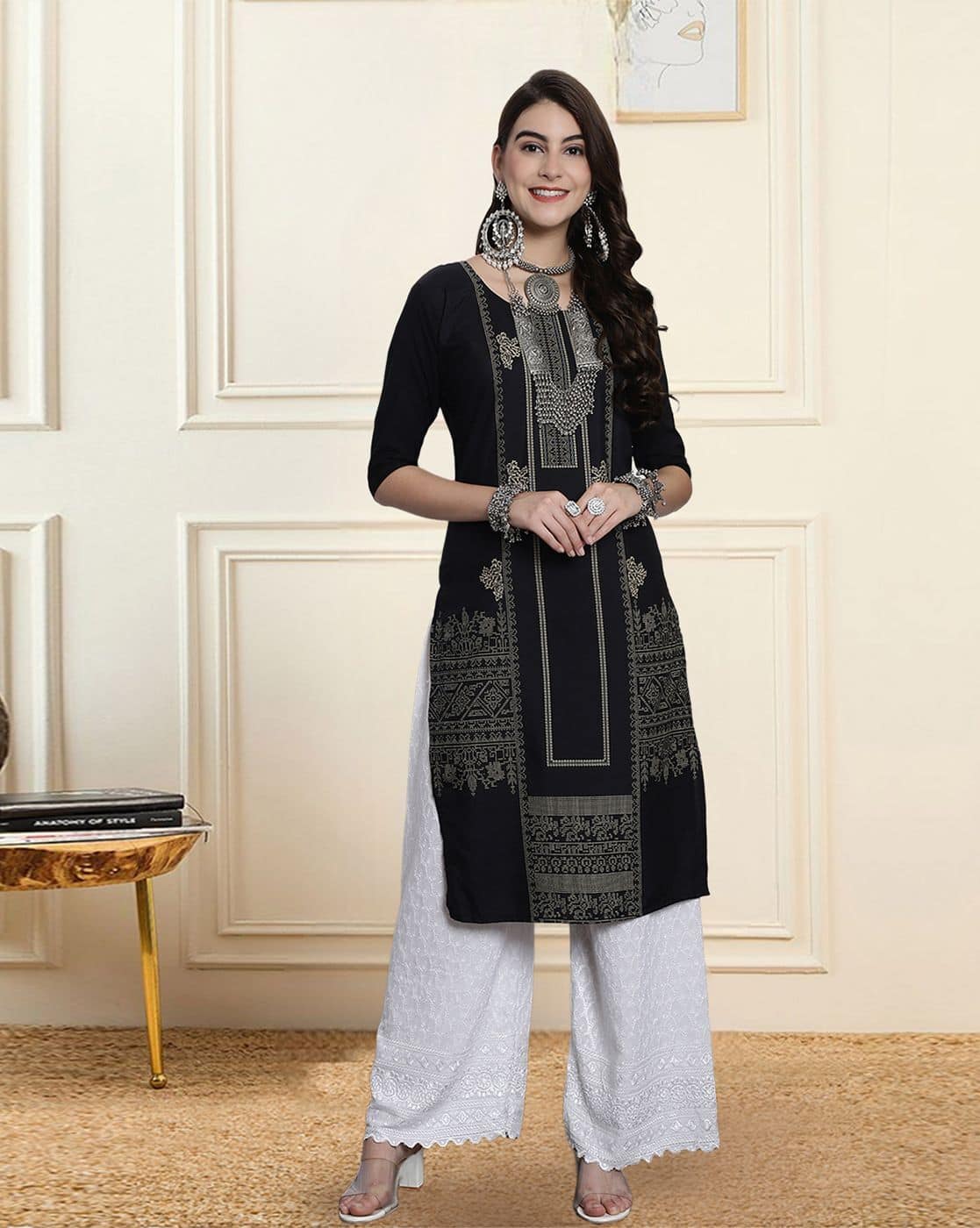 Popmantra Women Printed Straight Kurta For Women (Black, S)