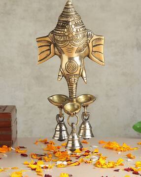 habere india Ganesha Brass Wall Decor with Hanging Diyas & Bells-picture-31