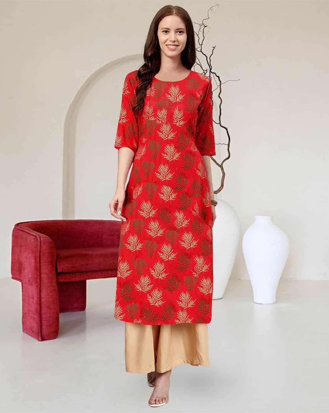 Popmantra Women Printed Straight Kurta For Women (Red, S)