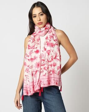 yousta Women Floral Print Scarf with Tassels-picture-33