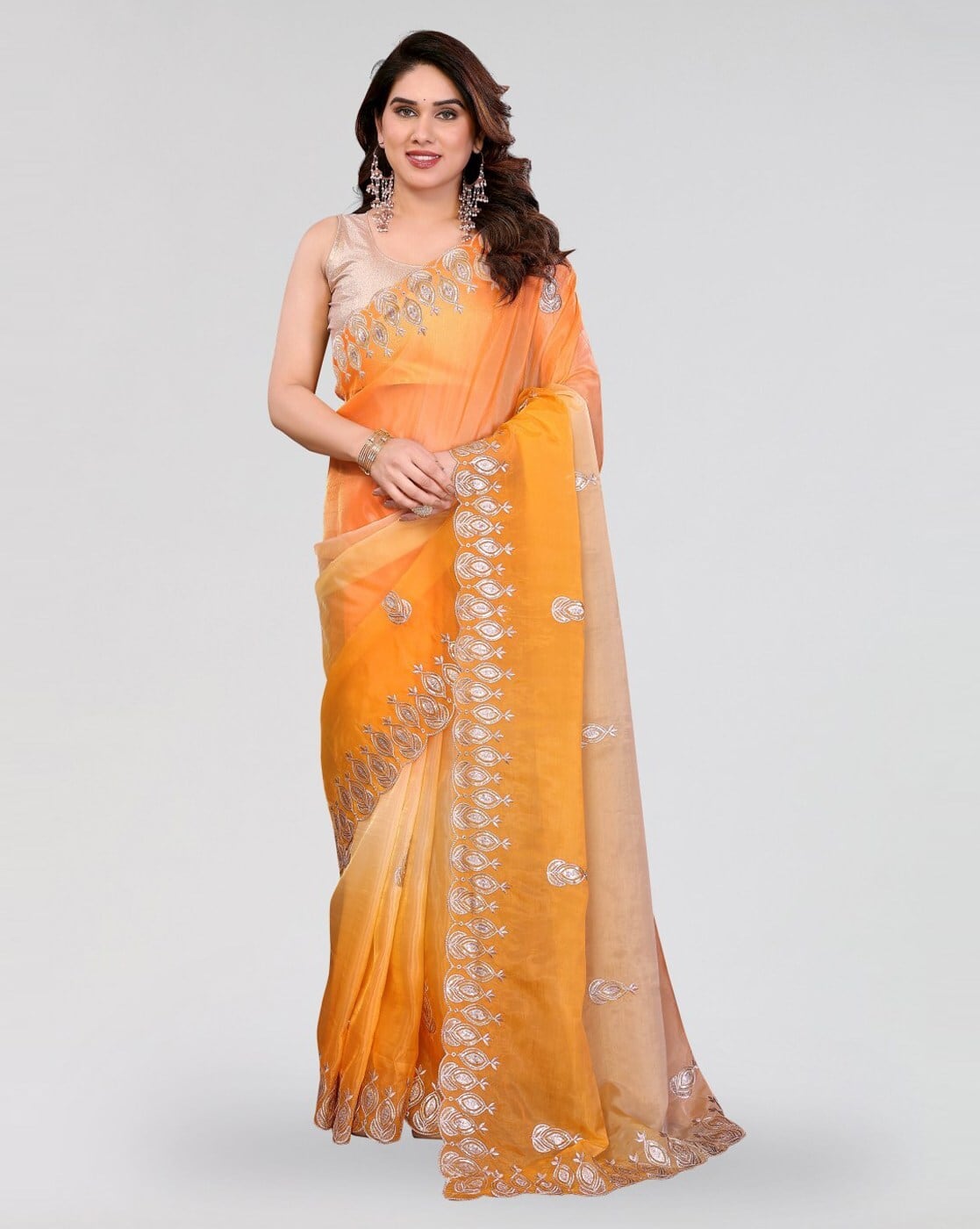 Fashionfricks Women Embroidered Saree with Scalloped Border For Women (Orange, FS)