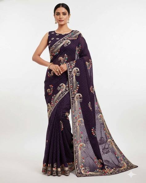SVARAA Women Designer Embroidered Peacock Motif Saree with Blouse Piece