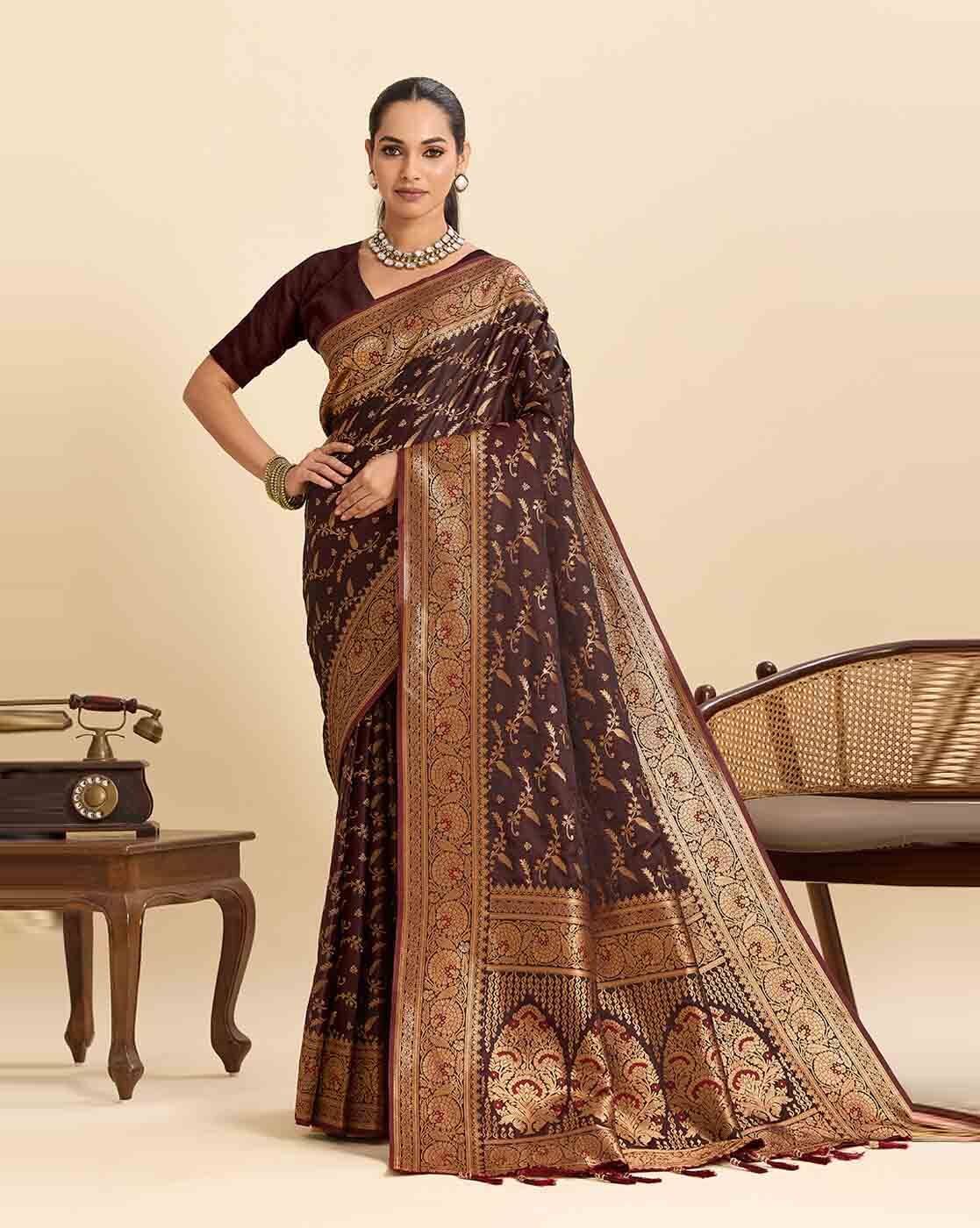 Fashionfricks Women Zari Weave Saree with Blouse Piece For Women (Maroon, FS)