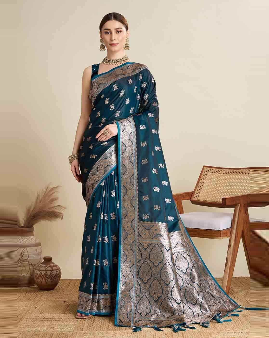 Fashionfricks Women Zari Weave Saree with Blouse Piece For Women (Green, FS)