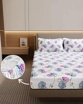 divine casa Floral Print Double Fitted Bedsheet with Pillow Covers-picture-18