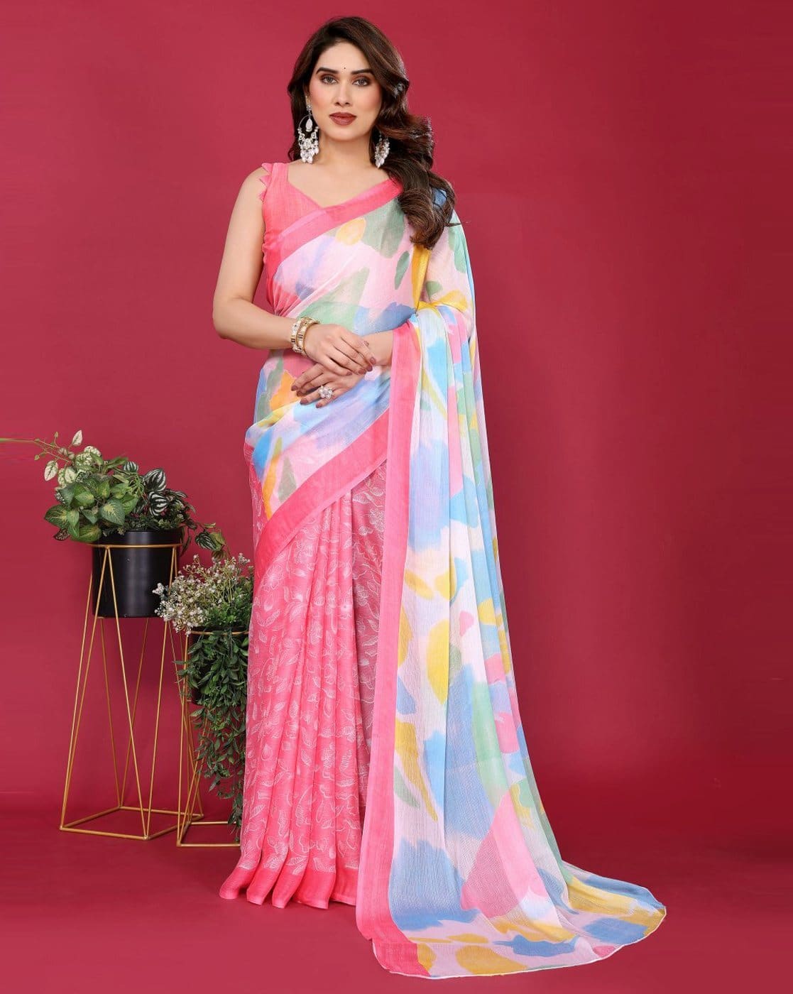 Fashionfricks Women Printed Half & Half Saree with Contrast Border For Women (Pink, FS)