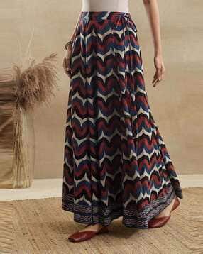 Women Chevron Print Flared Skirt with Tie-Up-image-46