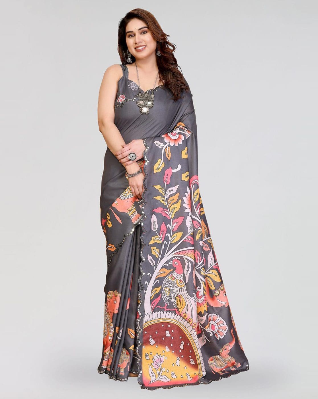 Fashionfricks Women Printed Saree with Scalloped Border For Women (Grey, FS)