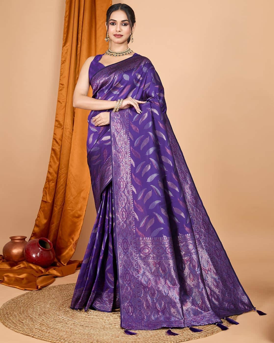 Fashionfricks Women Zari Weave Saree with Blouse Piece For Women (Violet, FS)