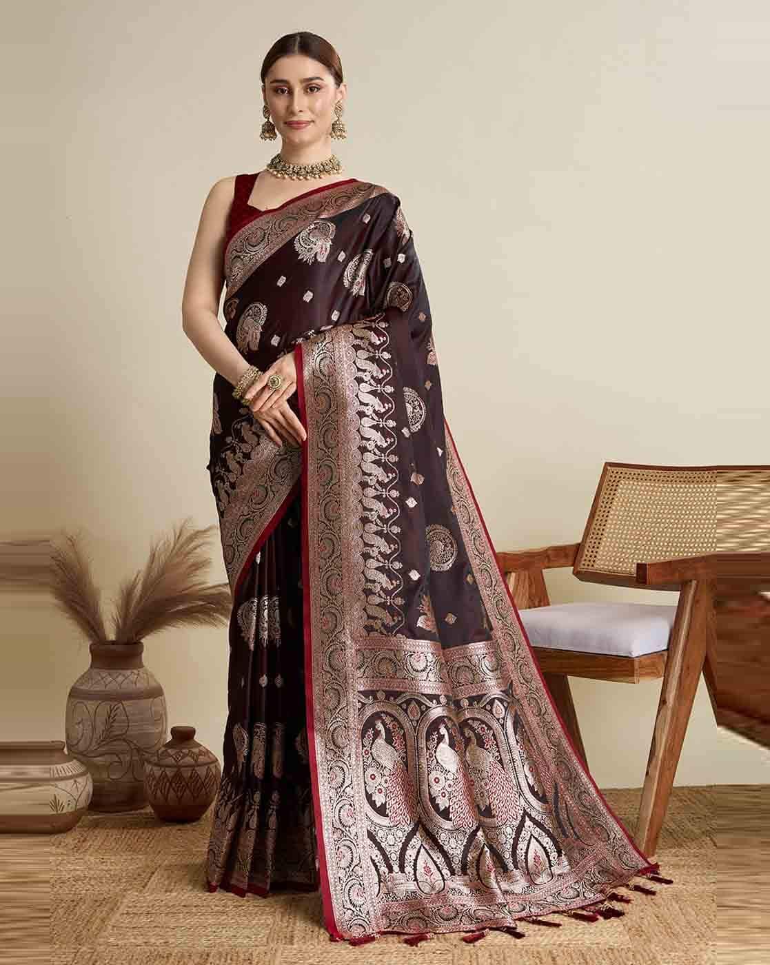 Fashionfricks Women Zari Weave Saree with Blouse Piece For Women (Maroon, FS)