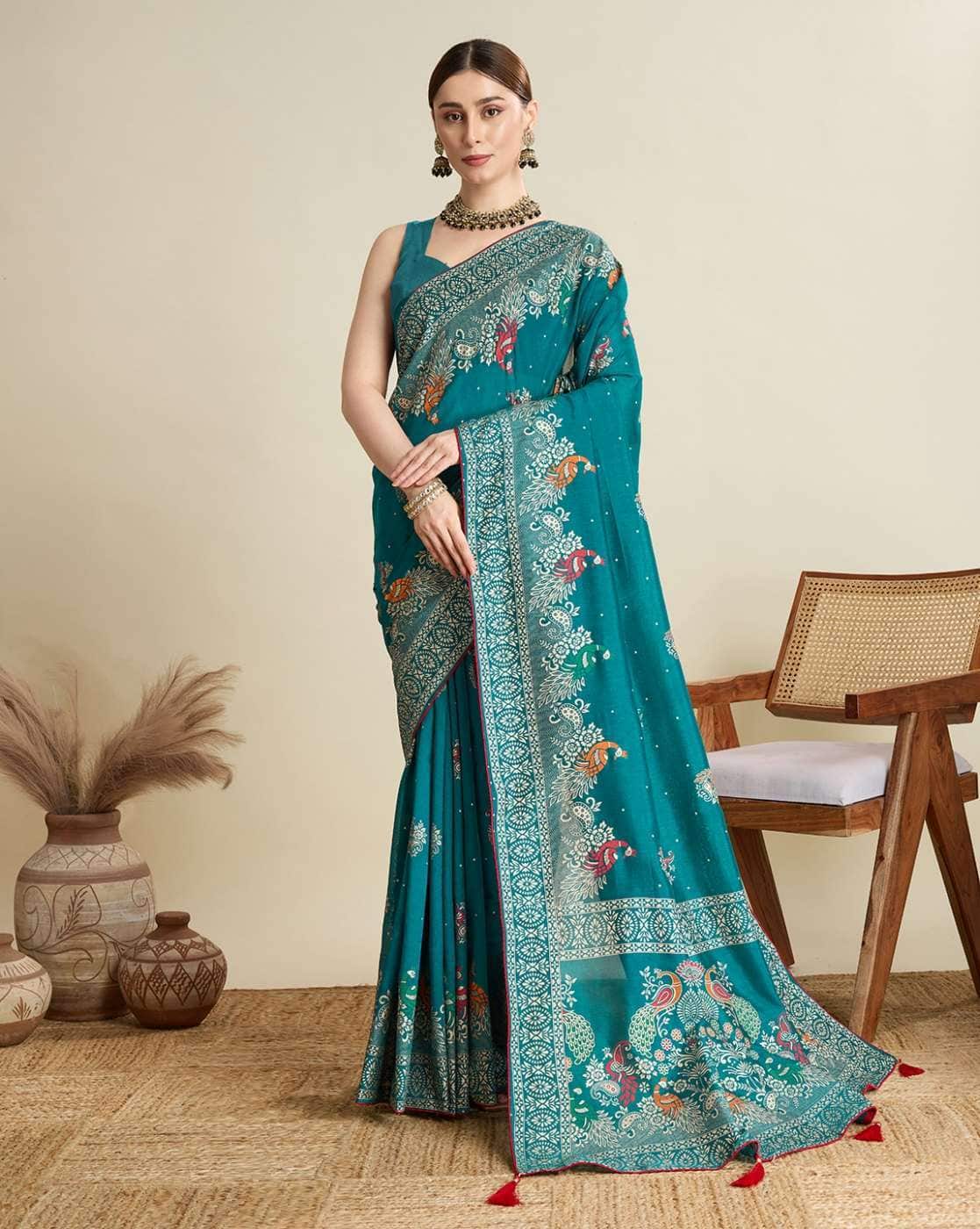 Fashionfricks Women Peacock Print Saree with Blouse Piece For Women (Sea Green, FS)